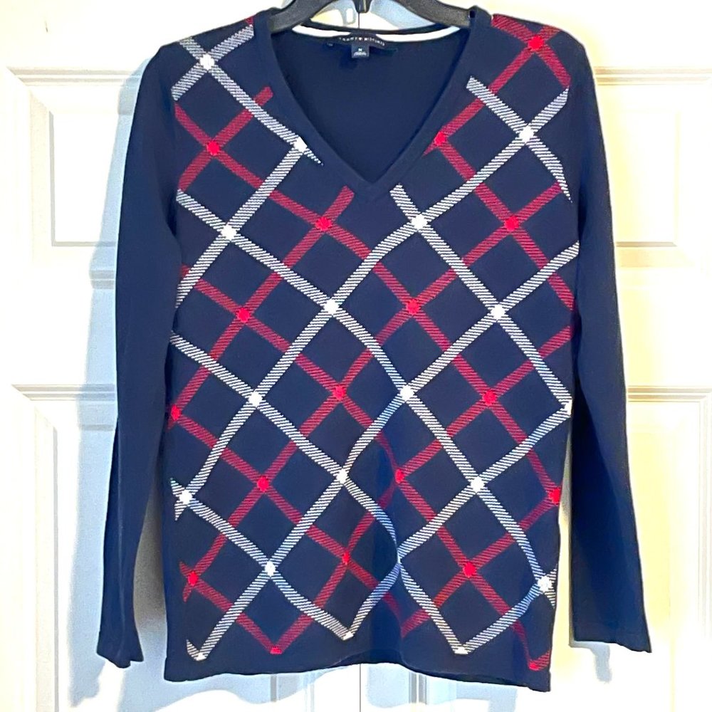 Tommy Hilfiger V-Neck Sweater Women's Top Cotton Navy White Red size MEDIUM $79